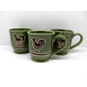 Cracker Barrel Elegant Rooster Green 4"  Mugs  Set Of 3